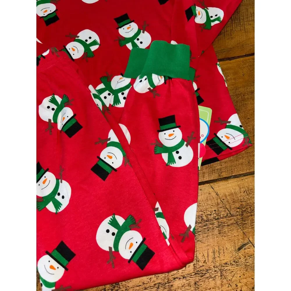 NEW Sara’s Prints Kids Red Green Snowman 2 Piece Pajama Set Flame Resistant 5‎